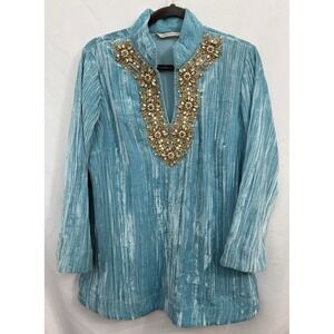 Soft Surroundings Aqua Crushed Velvet Tunic Top Womens Size M Embellished V Neck